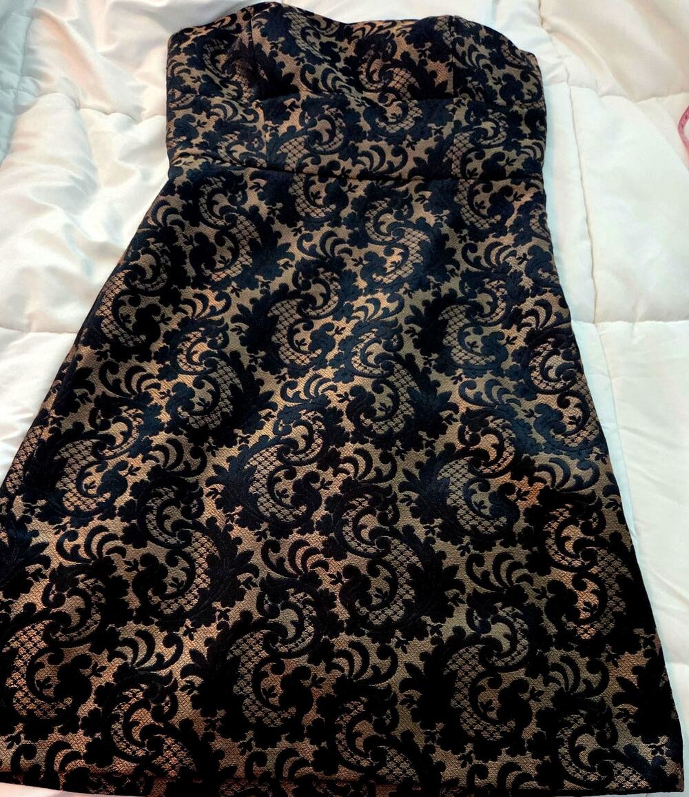 Ann Taylor LOFT Strapless Dress Black Gold Brocade Damask Size 6 Cocktail